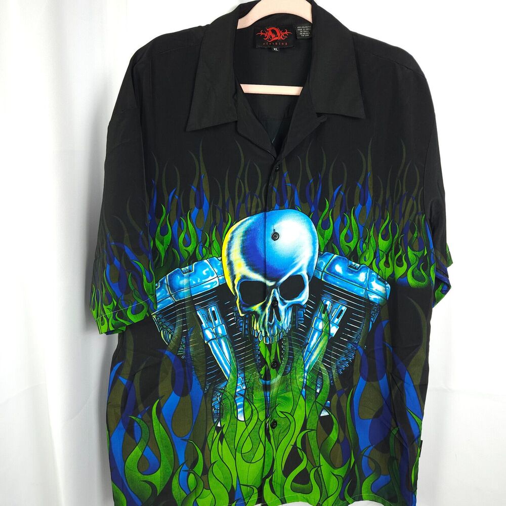 D Clothing Vintage Black‎ Knucklehead Green Flame Graphic Bowling Shirt Men's XL